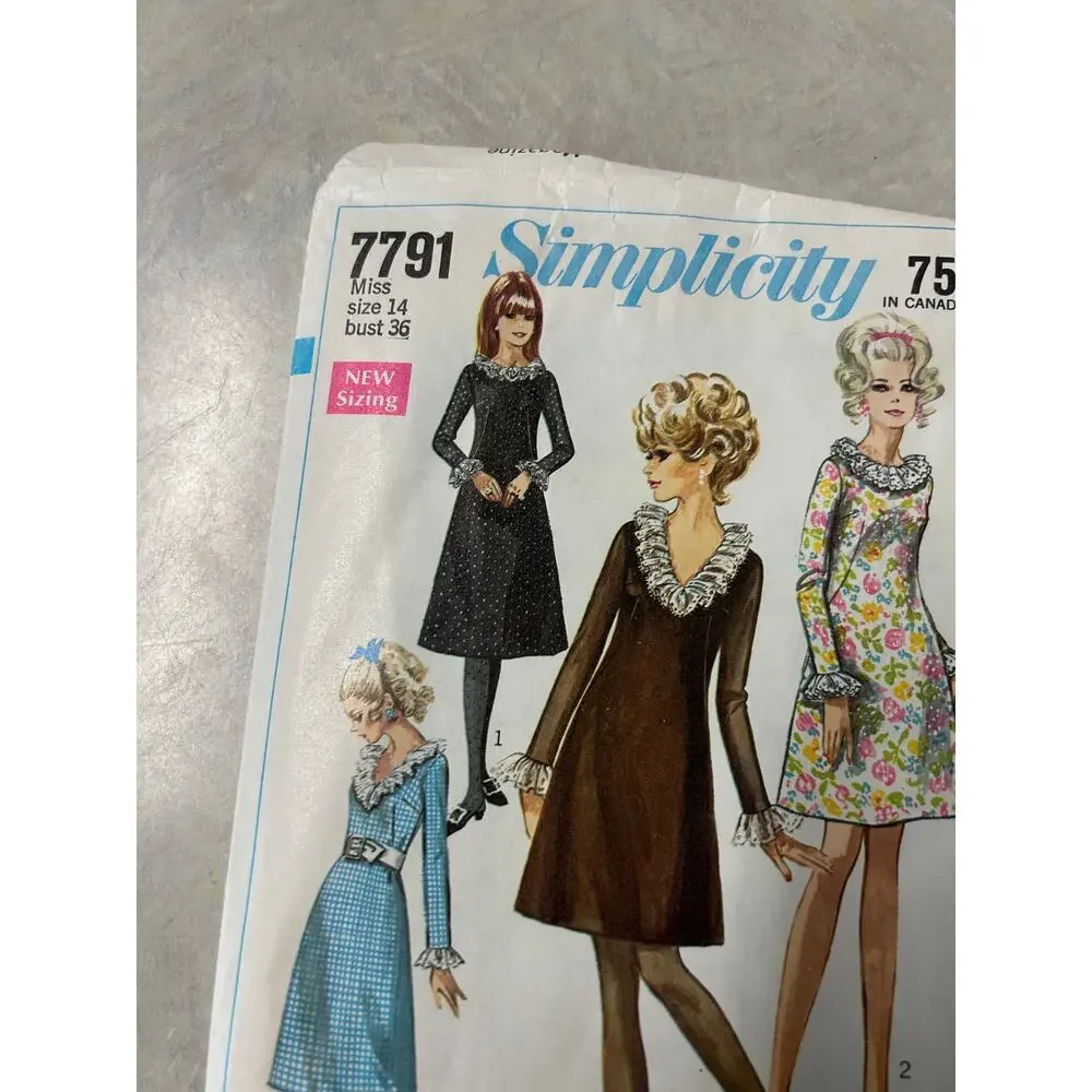 Vintage 1960's Simplicity Pattern #7791 Misses A-Line Dress Size‎ 14